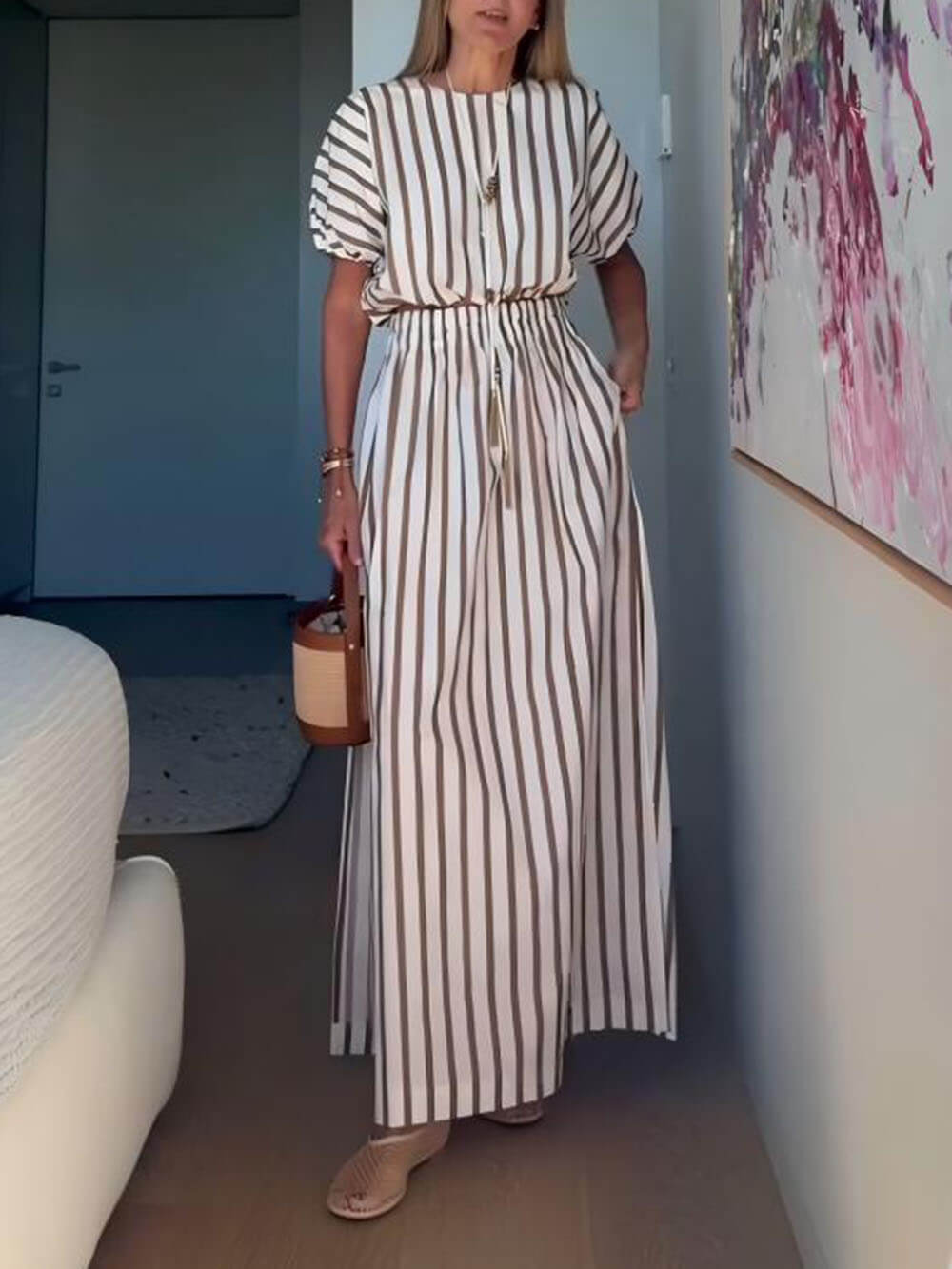 Exquisite Unique Striped Print Drawstring Loose Tops