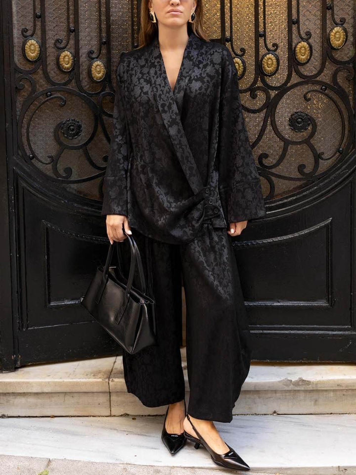 Vintage Satin Black Printed Button Detail Shirt