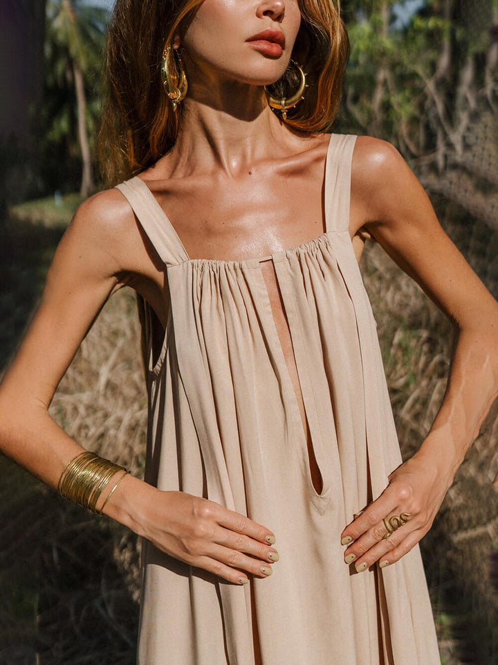 Elegant Square Neckline Beige Backless Flowing Ties Maxi Dress
