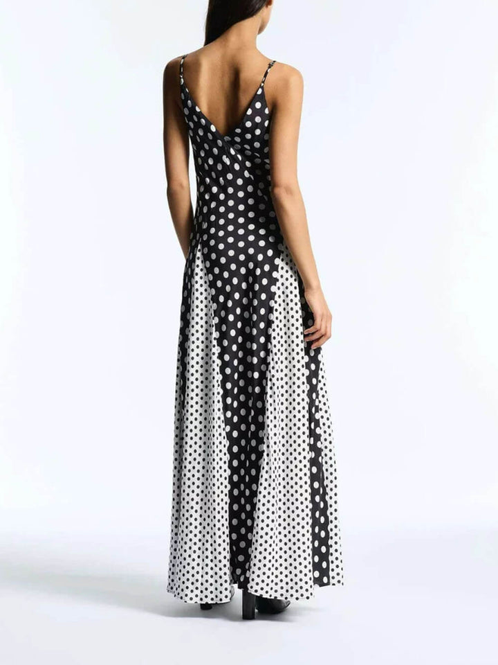 Elegant Color-Block Polka Dot Print Spaghetti Strap A-Line Maxi Dress
