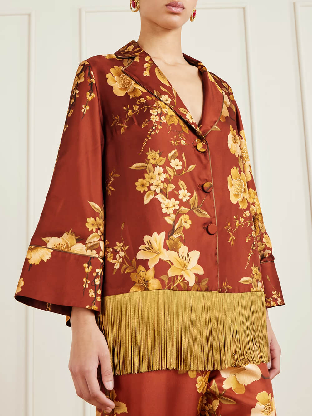 Exquisite Tassel Floral Print Satin Twill Wide-Leg Pants