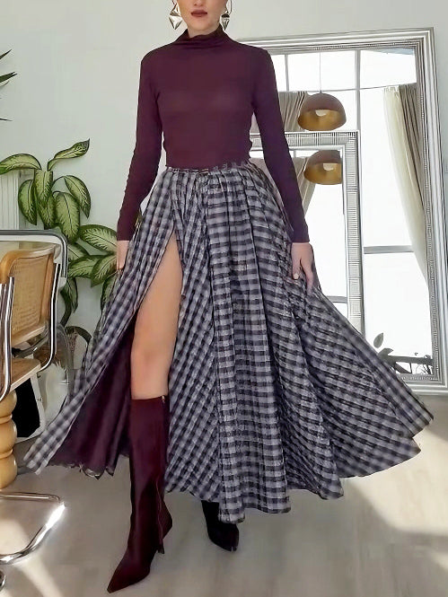 Elegant Plaid High-slit Maxi Skirt Two-piece Set
