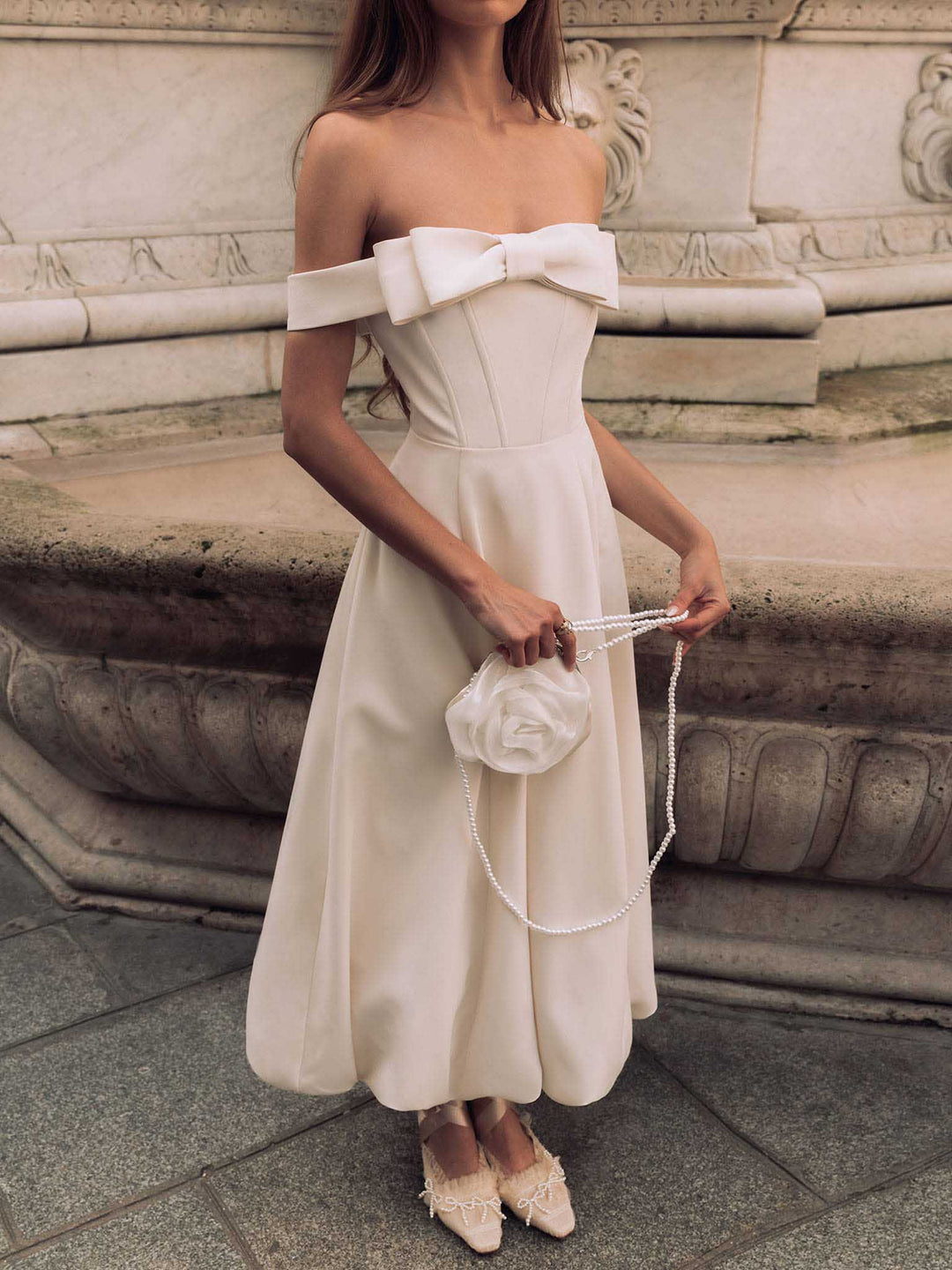 Elegant Bow Off-the-shoulder Puffy Skirt Maxi Dress