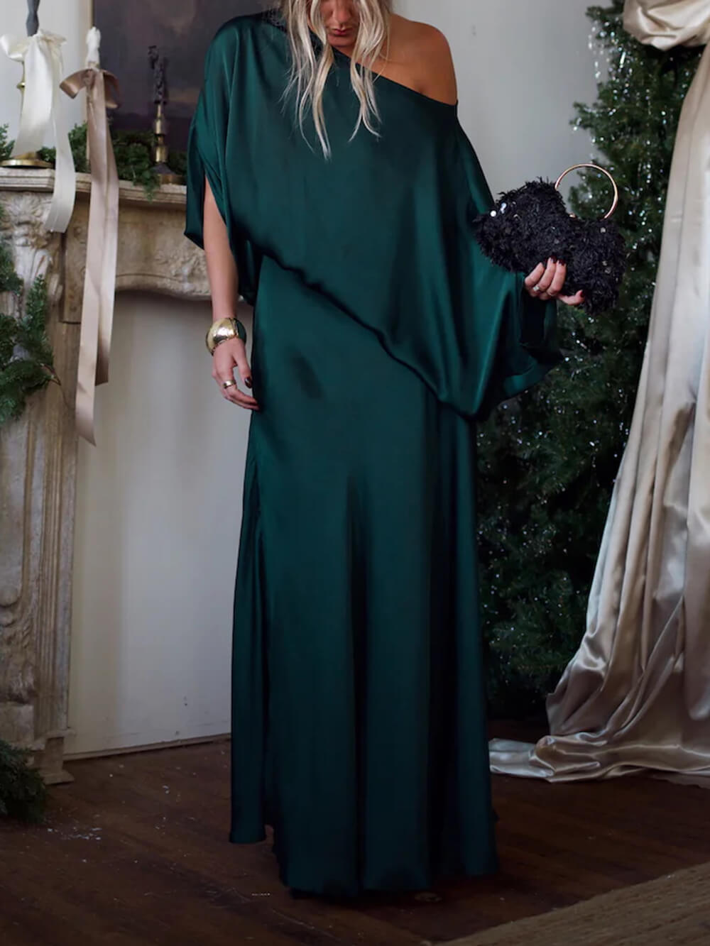 Exquisite Satin Pleated Shirt and High-Waist Maxi Skirt Set