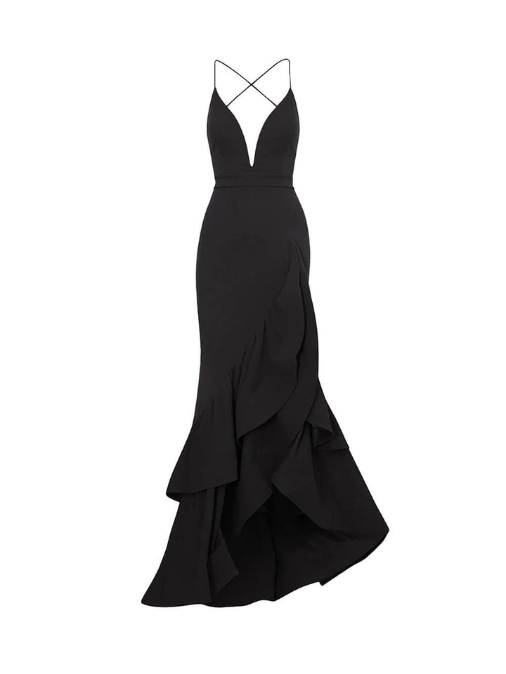 Sexy Deep V-Neck Ruffled Layered Mermaid Maxi Dress