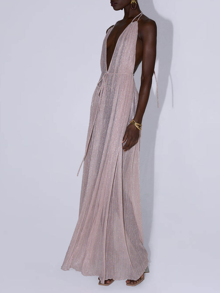 Elegant Tulle Pleated Evening Gown Maxi Dress
