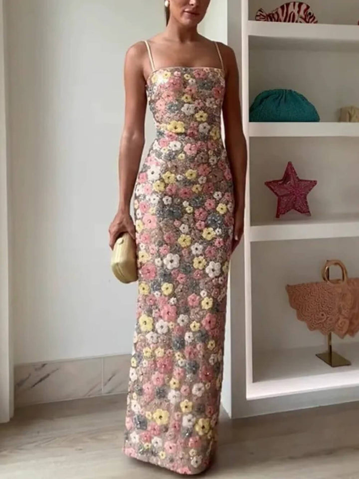 Retro Inspired Floral Print Sequin Square Neck Slip Stretch Maxi Dress