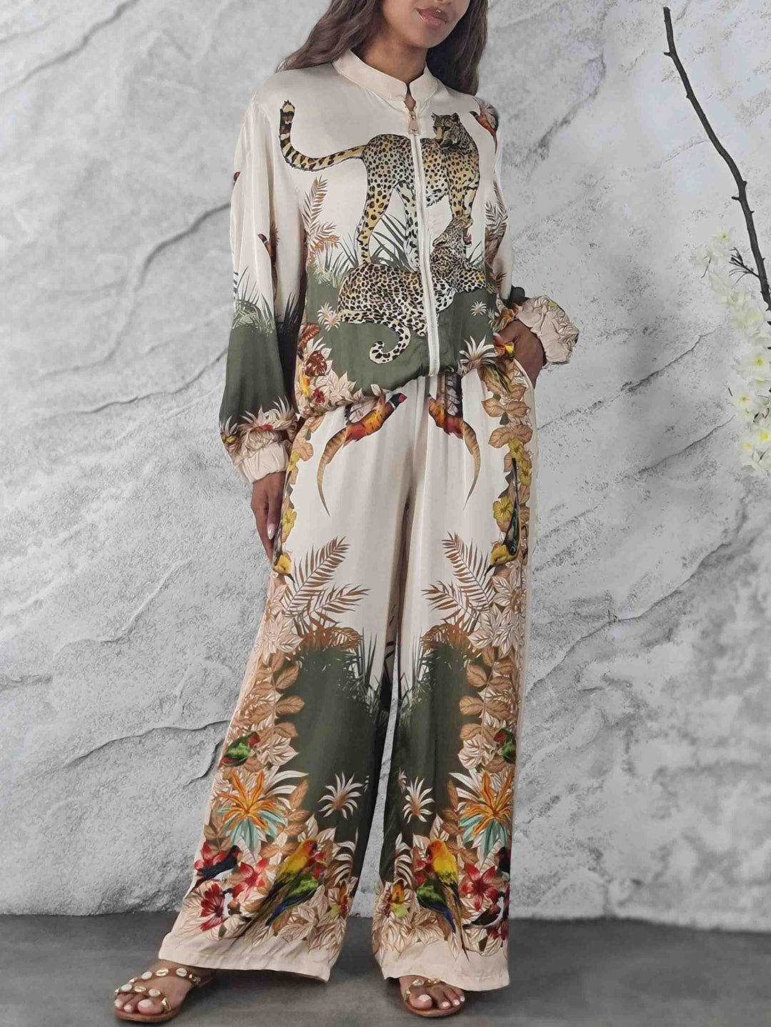 Exotic Jungle Print Zip-Up Shirt & Wide Leg Pants Set