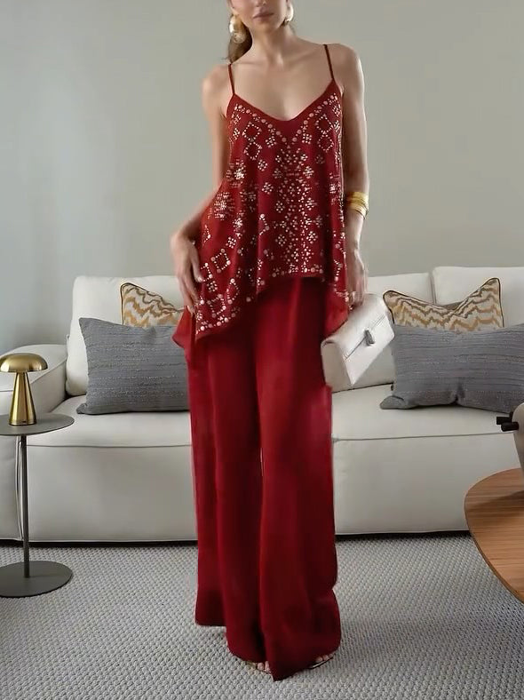 Elegant Vacation V-Neck Camisole Two-Piece Set