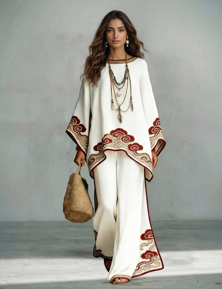 Elegant Satin Cloud Print Loose Kaftan Top & Pants Two-Piece Set