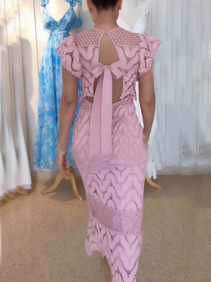 Retro Wave Dot Embroidery Lace Back Tie-up Top and Elastic Waist Maxi Skirt Set