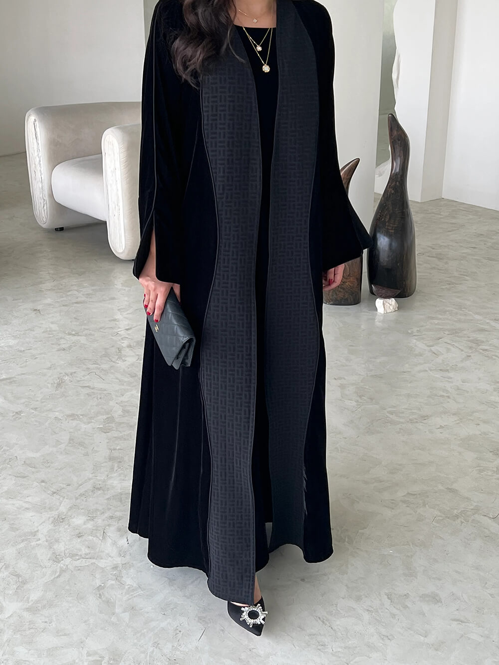 Elegant Black Printed Velvet Robe Cardigan