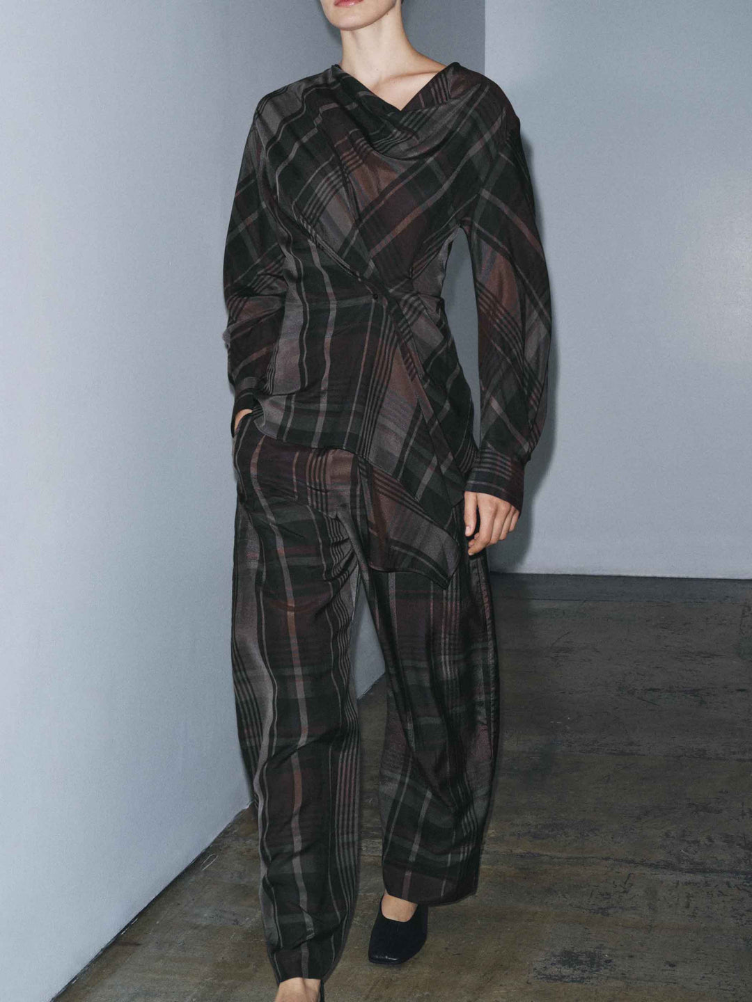 Asymmetric Draped Plaid Long-Sleeve Top