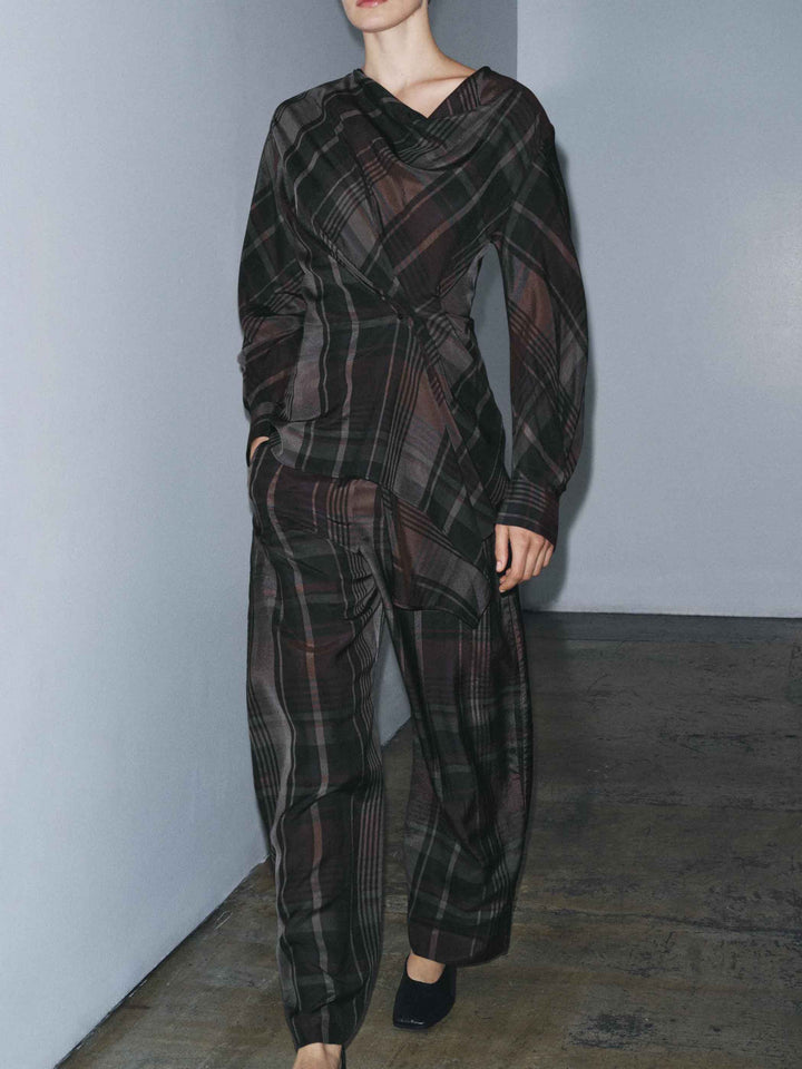 Asymmetric Draped Plaid Long-Sleeve Top