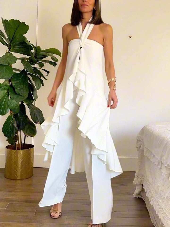 Casual Ruched Halterneck Backless Ruffle Top