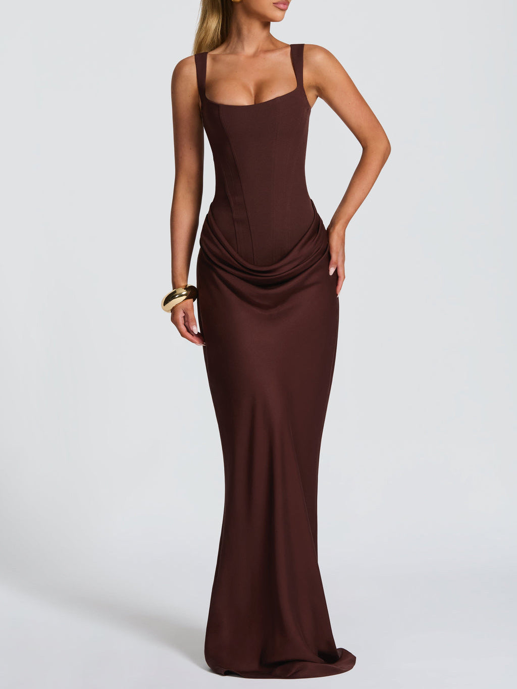 Elegant Square Neck Cinched Top & Ruched Waist Draped Maxi Dress