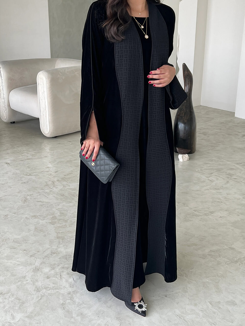 Elegant Black Printed Velvet Robe Cardigan