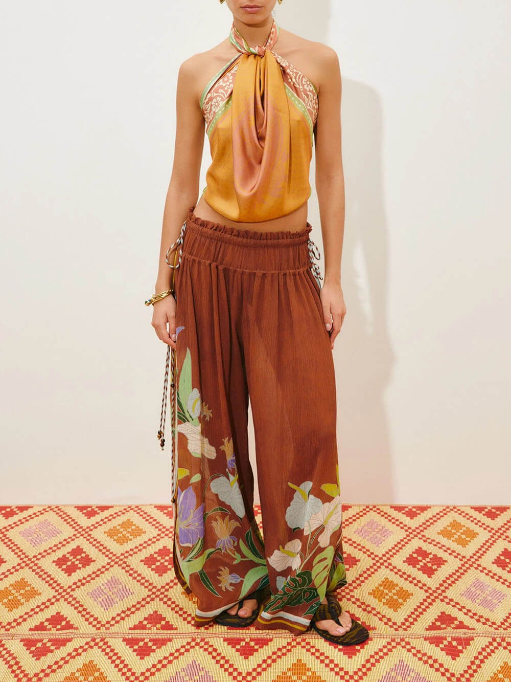 Delicate Ruffle Printed Drawstring Slit Wide-Leg Pants