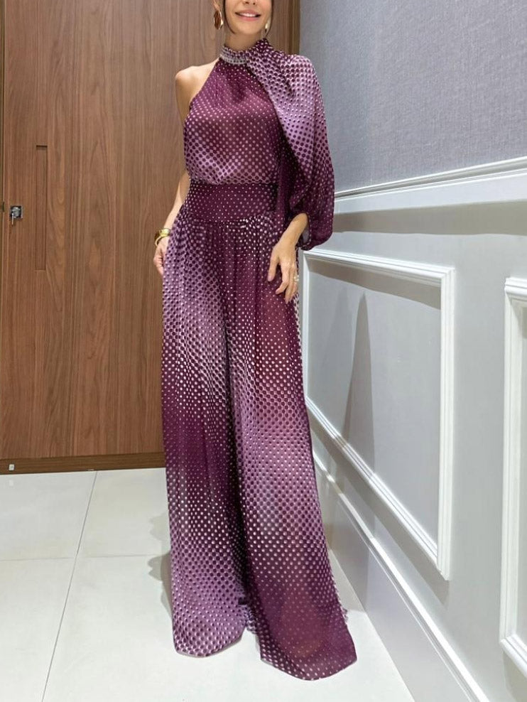 Elegant Gradient Polka Dot One-Shoulder Chiffon Two-Piece Set
