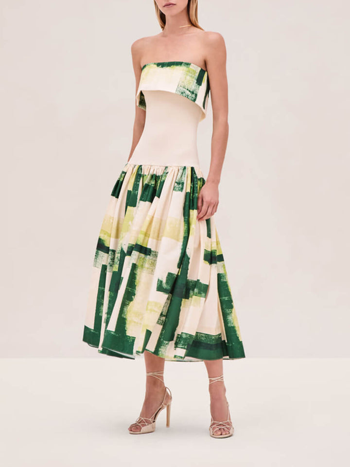 Elegant Printed Strapless Ribbed Bodycon Midi Dress