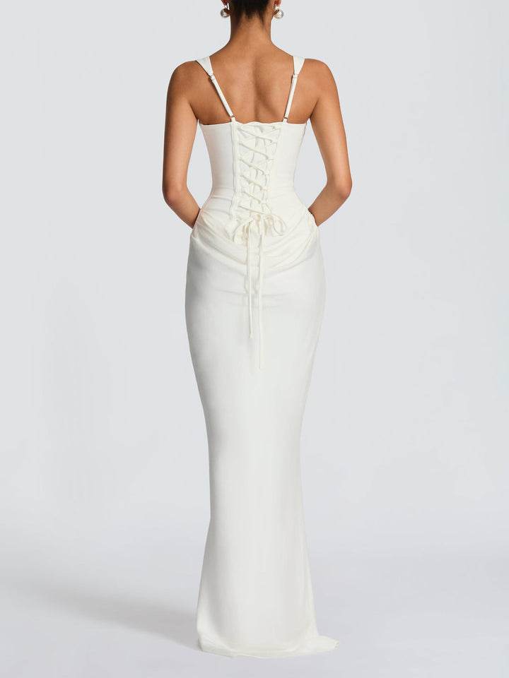 Elegant Square Neck Cinched Top & Ruched Waist Draped Maxi Dress