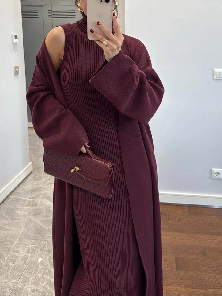 Elegant High-Neck Ribbed Knit Sleeveless Maxi Dress