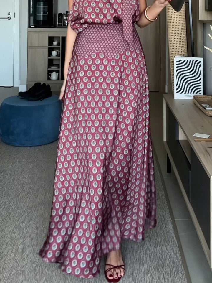Retro Print Scarf Neck Top & Flowing Maxi Skirt Two-Piece Set