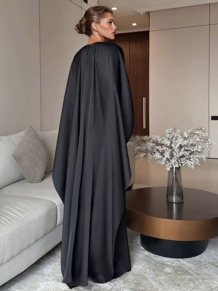 Elegant Satin Pleated Batwing Sleeve Maxi Dress