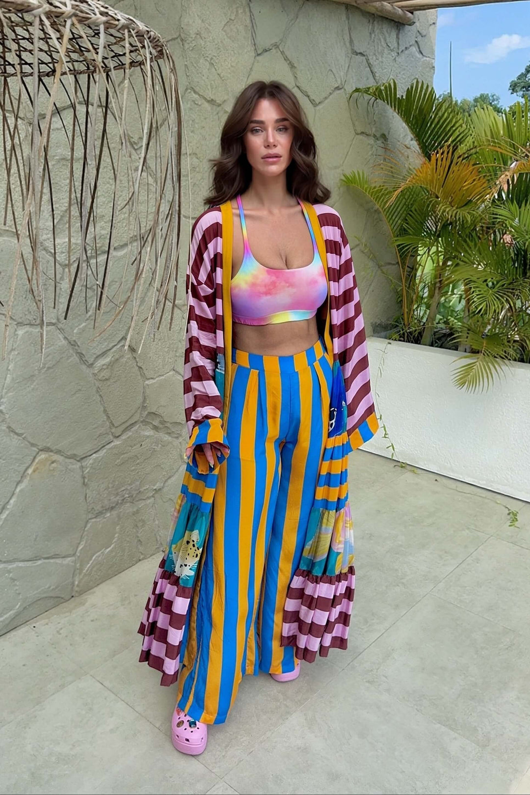 Unique Fashion Striped Print Elastic-Waist Wide-Leg Pants
