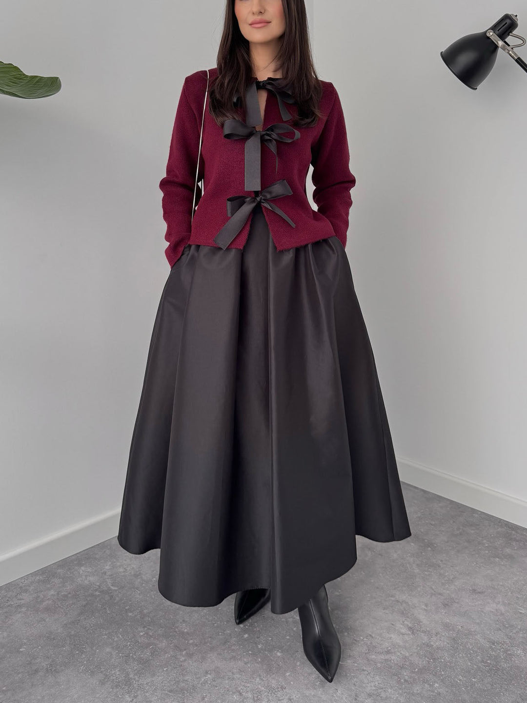 Elegant Bow-Knit Cardigan And A-Line Maxi Skirt Set