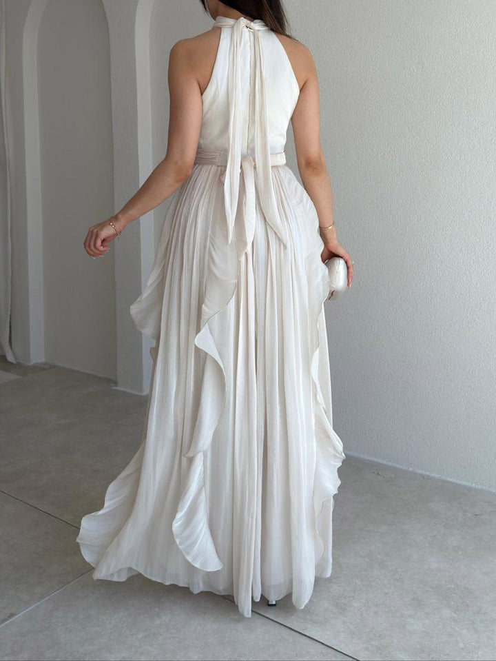 Elegant Backless Ruched Tiered Ruffle Maxi Dress