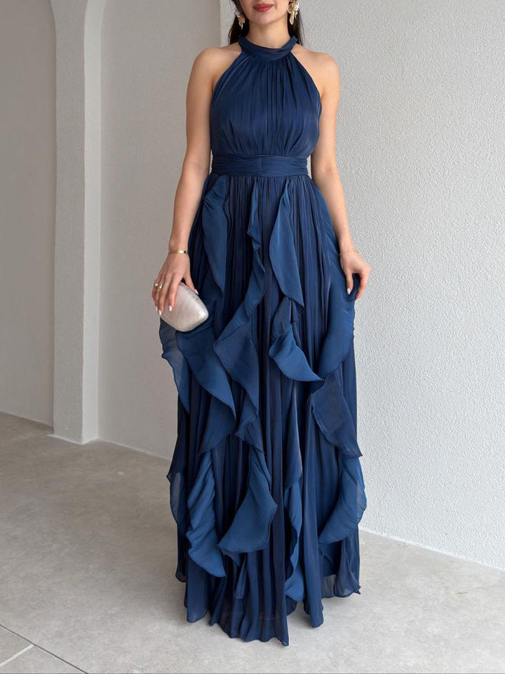 Elegant Backless Ruched Tiered Ruffle Maxi Dress