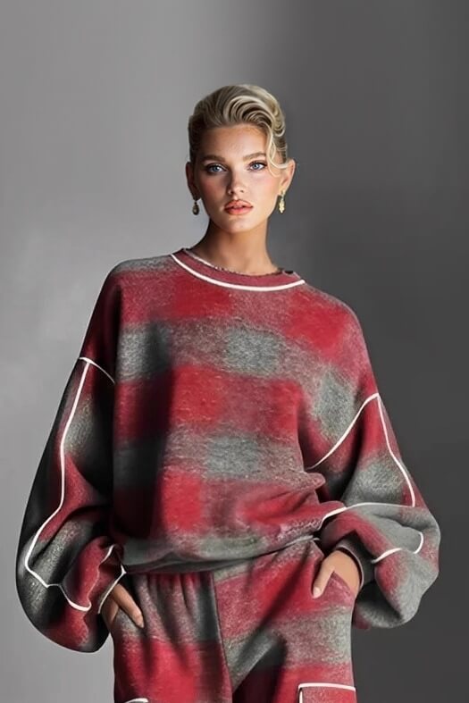 Fashion Street-Style Red and Gray Plaid Color-Block Loose Top