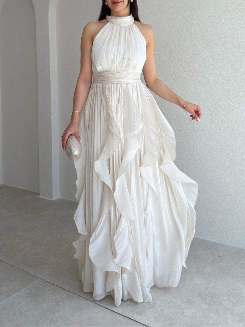 Elegant Backless Ruched Tiered Ruffle Maxi Dress