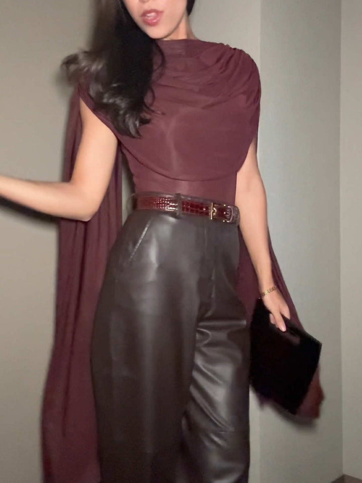 Elegant High-waist Wide-leg Faux Leather Pants