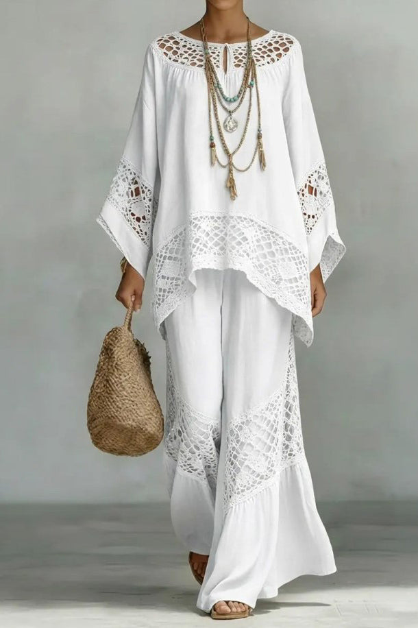 Hollow Design Loose Shirt And Wide Leg Pants Set