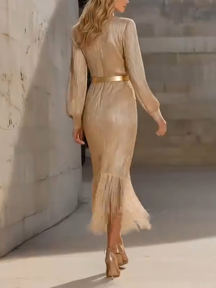 Elegant Tassel Wrap-around Slim-fit Maxi Dress
