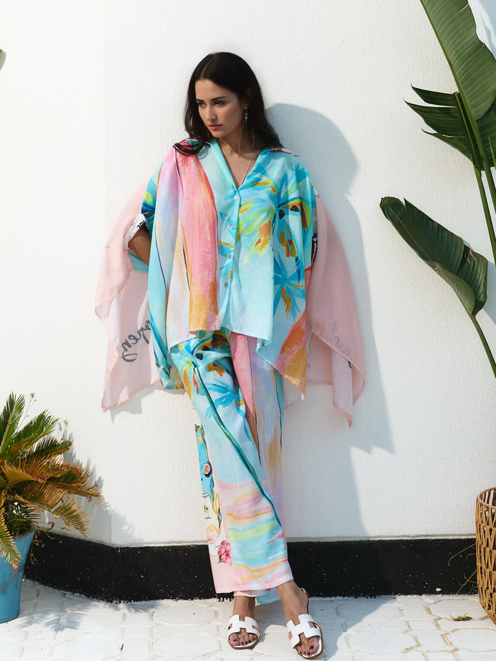 Unique Oil Painting Coconut Tree Print Wide Leg Pants