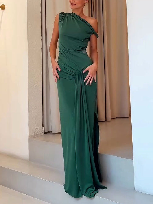 Elegant Asymmetric Neckline Satin Knit Pleated Maxi Dress