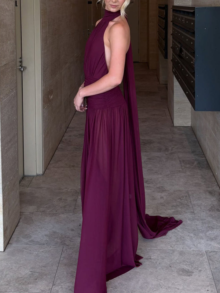Elegant Halter Neck Ruffled Mesh Maxi Dress