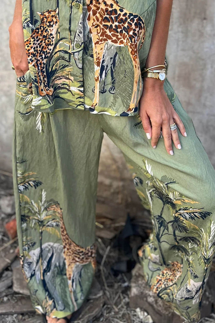 Unique Jungle Print Loose Button-Down Shirt