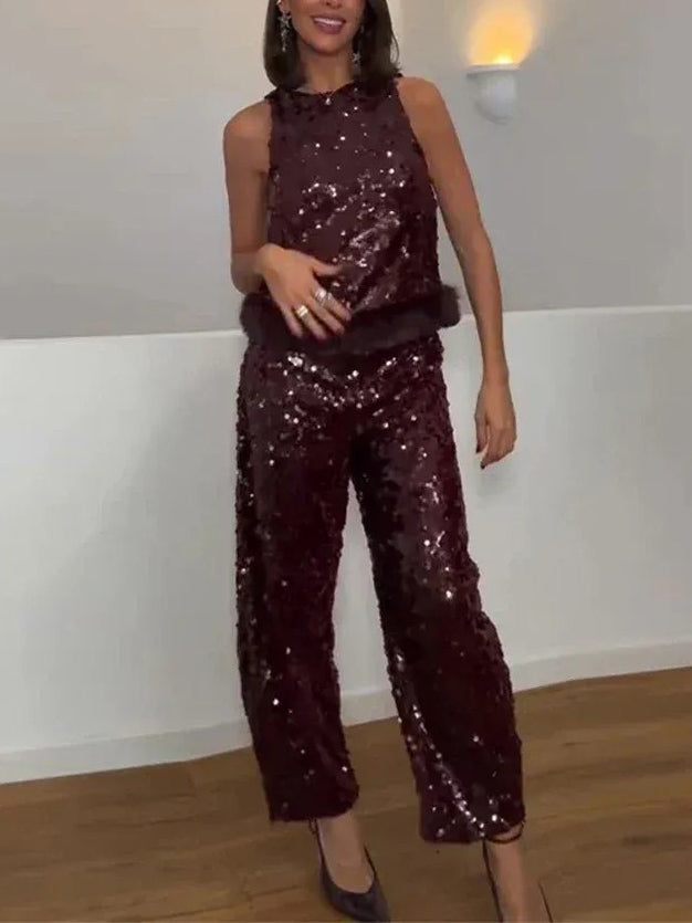 Exquisite Sequined Fuzzy Hem Tank Top
