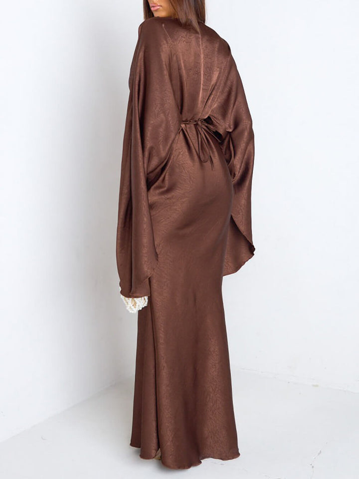 Elegant Ruched Satin Lantern-Sleeve Maxi Dress
