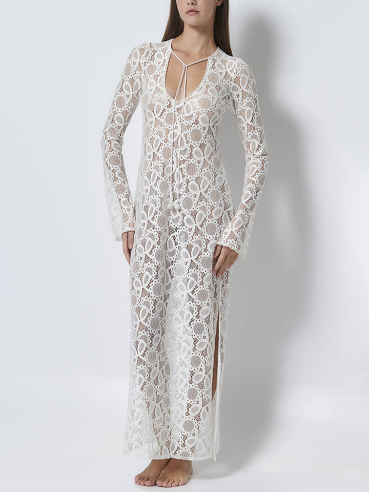 Summer Casual Lace Hook Flower Slit See-Through Holiday Lace Maxi Dress