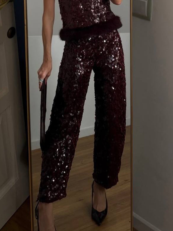 Exquisite Sequined Fuzzy Hem Tank Top