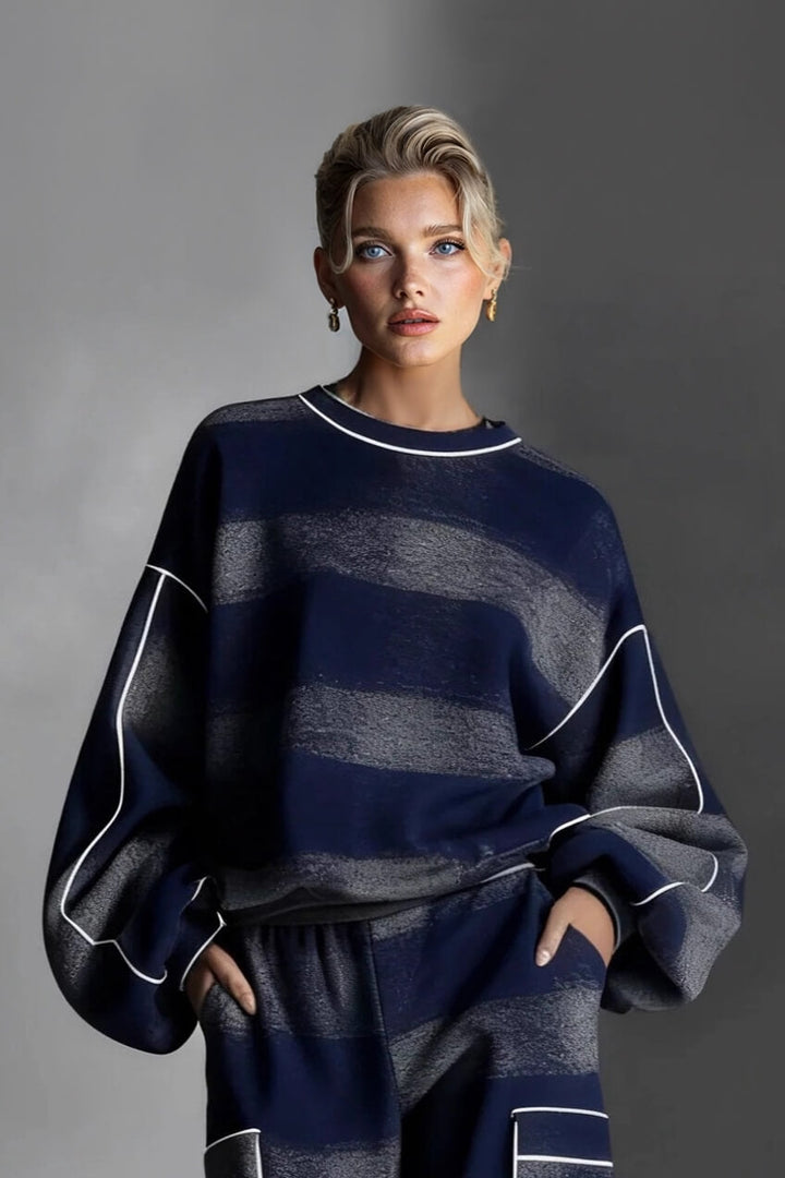 Fashion Street-Style Blue And Gray Plaid Color-Block Loose Top
