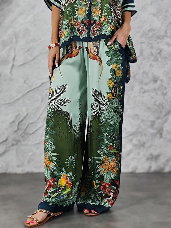 Exotic Jungle Print Batwing Sleeve Shirt & Wide Leg Pants Set