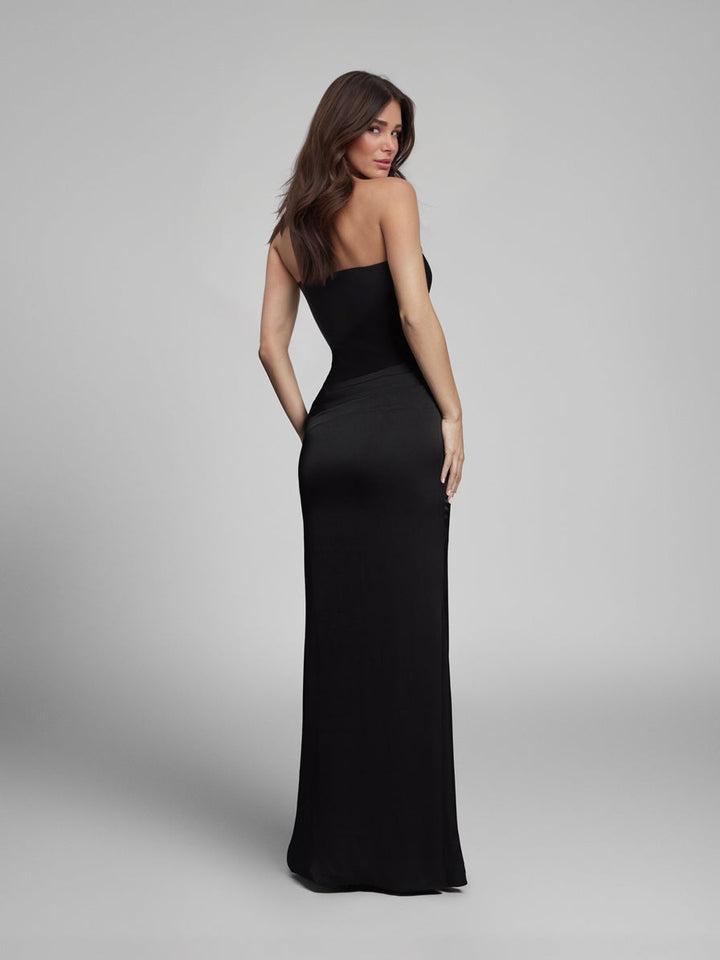 Elegant Strapless Draped Satin Maxi Dress