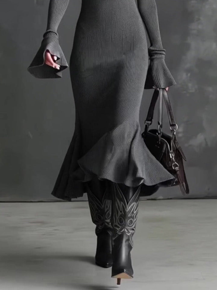 Casual Square Neck Zipper Fishtail Knit Midi Dress
