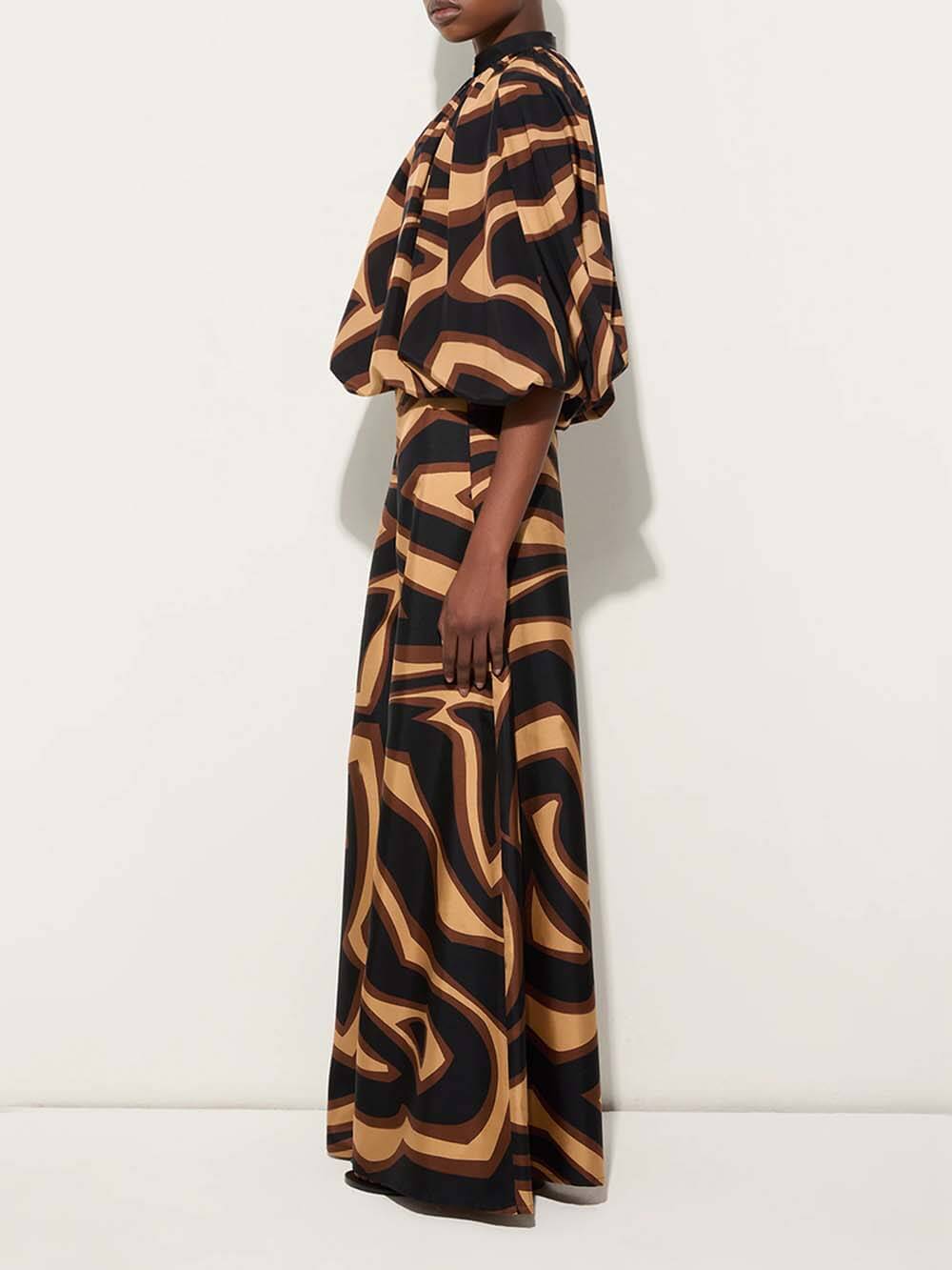 Unique Swirl Print Satin Twill High-Waist Wide-Leg Pants